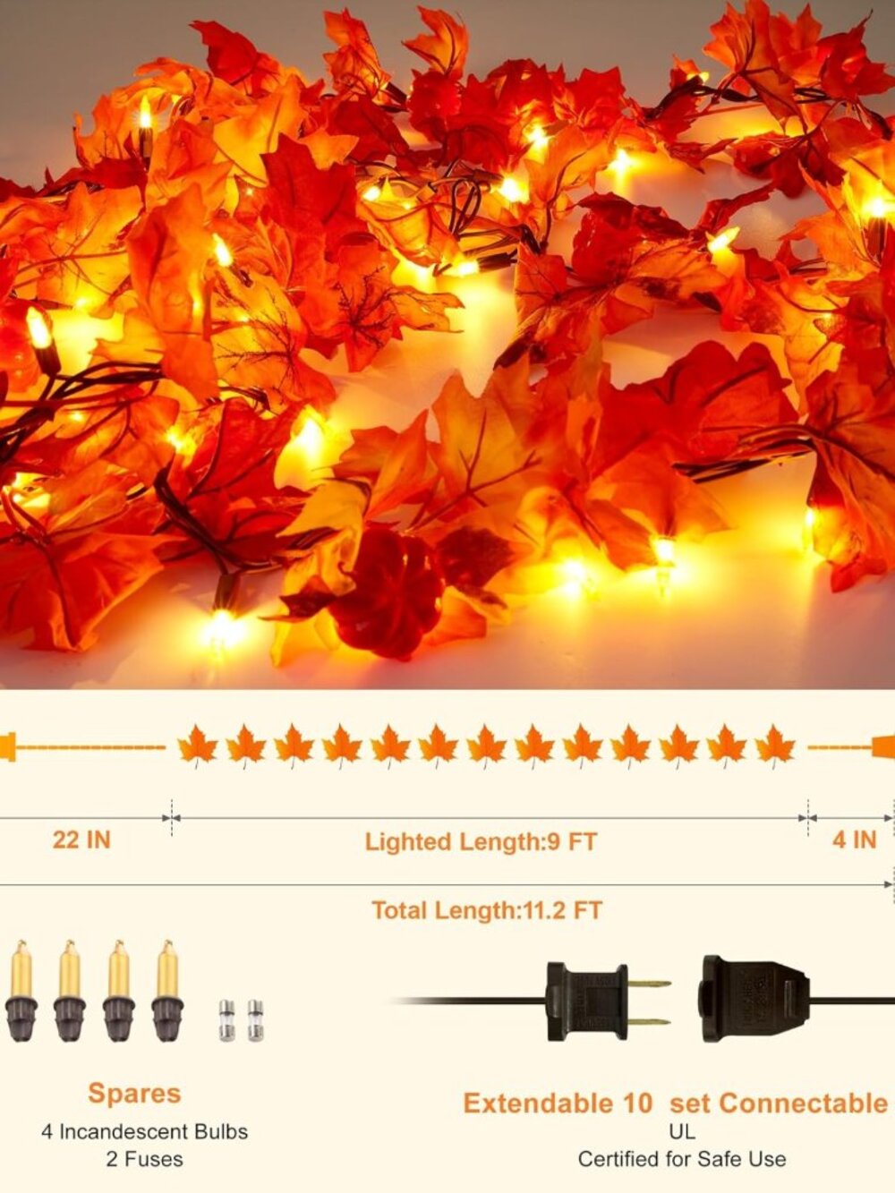 11FT Fall Garland with Lights - 50 Connectable Maple Leaves & Pumpkins - Picture 4 of 9